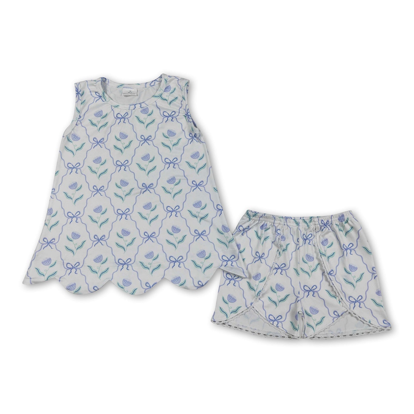 Sleeveless floral bow scallop top shorts girls outfits