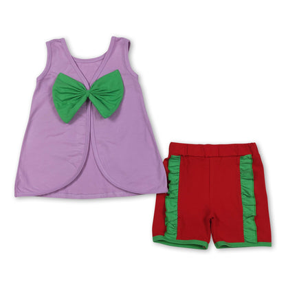 Sleeveless bow purple top red shorts princess girls outfits