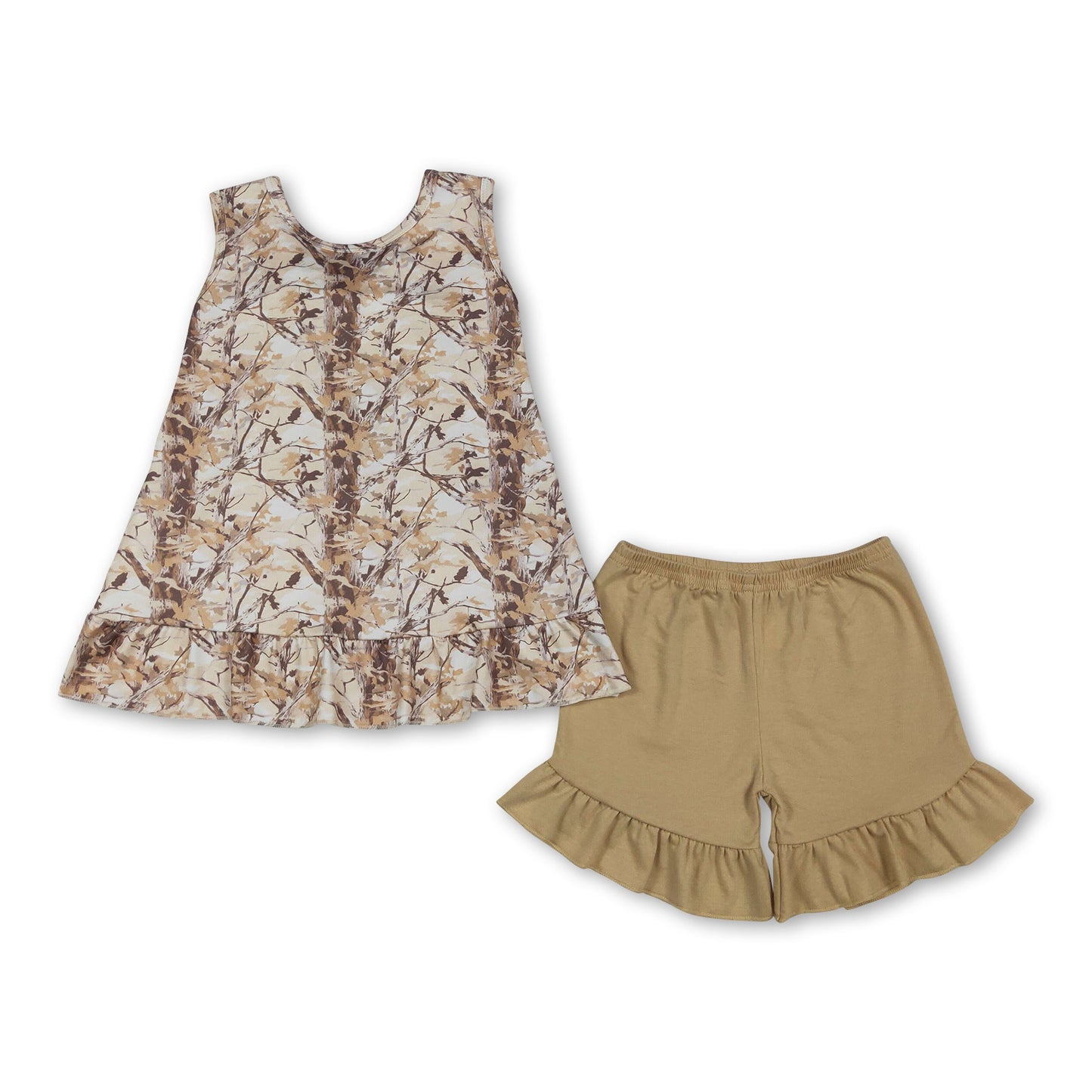 Sleeveless leaves camo top ruffle shorts girls outfits