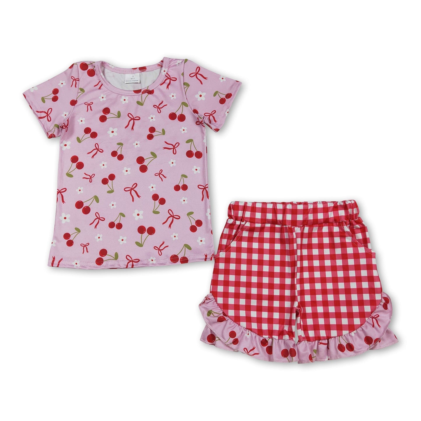Short sleeves cherry bow top plaid shorts girls outfits