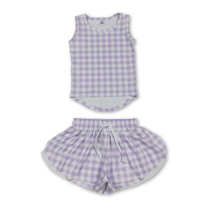 Sleeveless lavender plaid top shorts girls active wear set