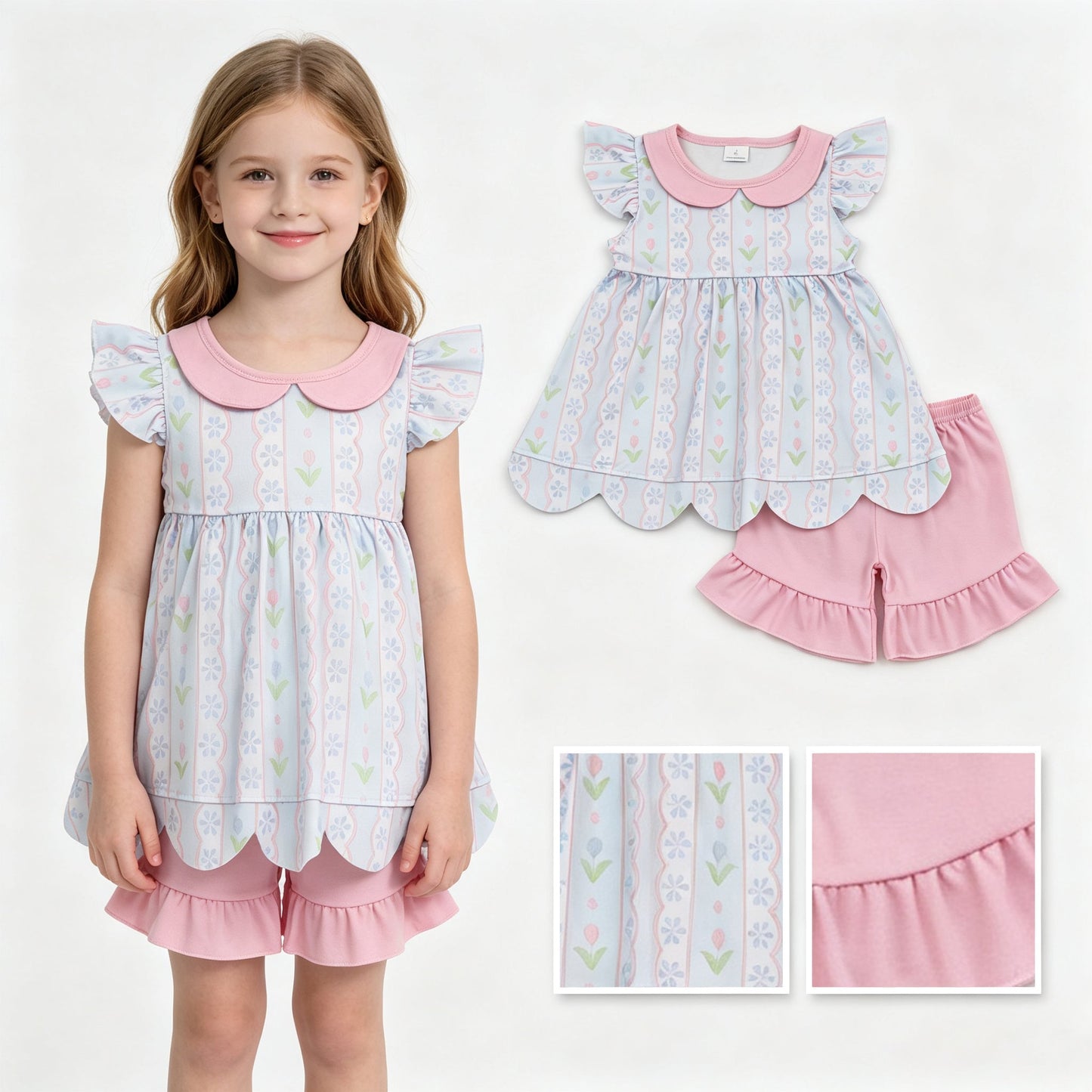 Floral scallop tunic ruffle shorts girls summer outfits