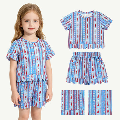 Short sleeves scallop blue floral bow girls summer clothes