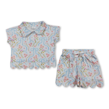 Short sleeves floral bow scallop pullover shorts girls outfits