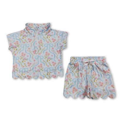 Short sleeves floral bow scallop pullover shorts girls outfits