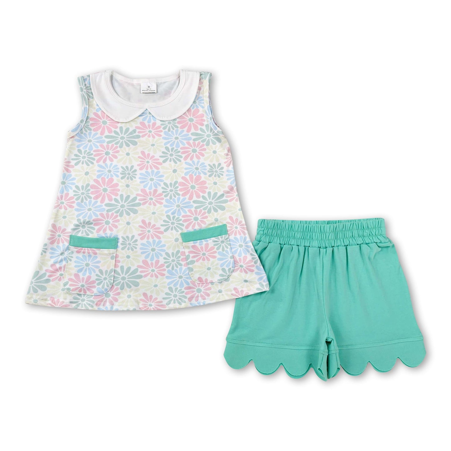 Sleeveless floral pockets top scallop shorts girls outfits