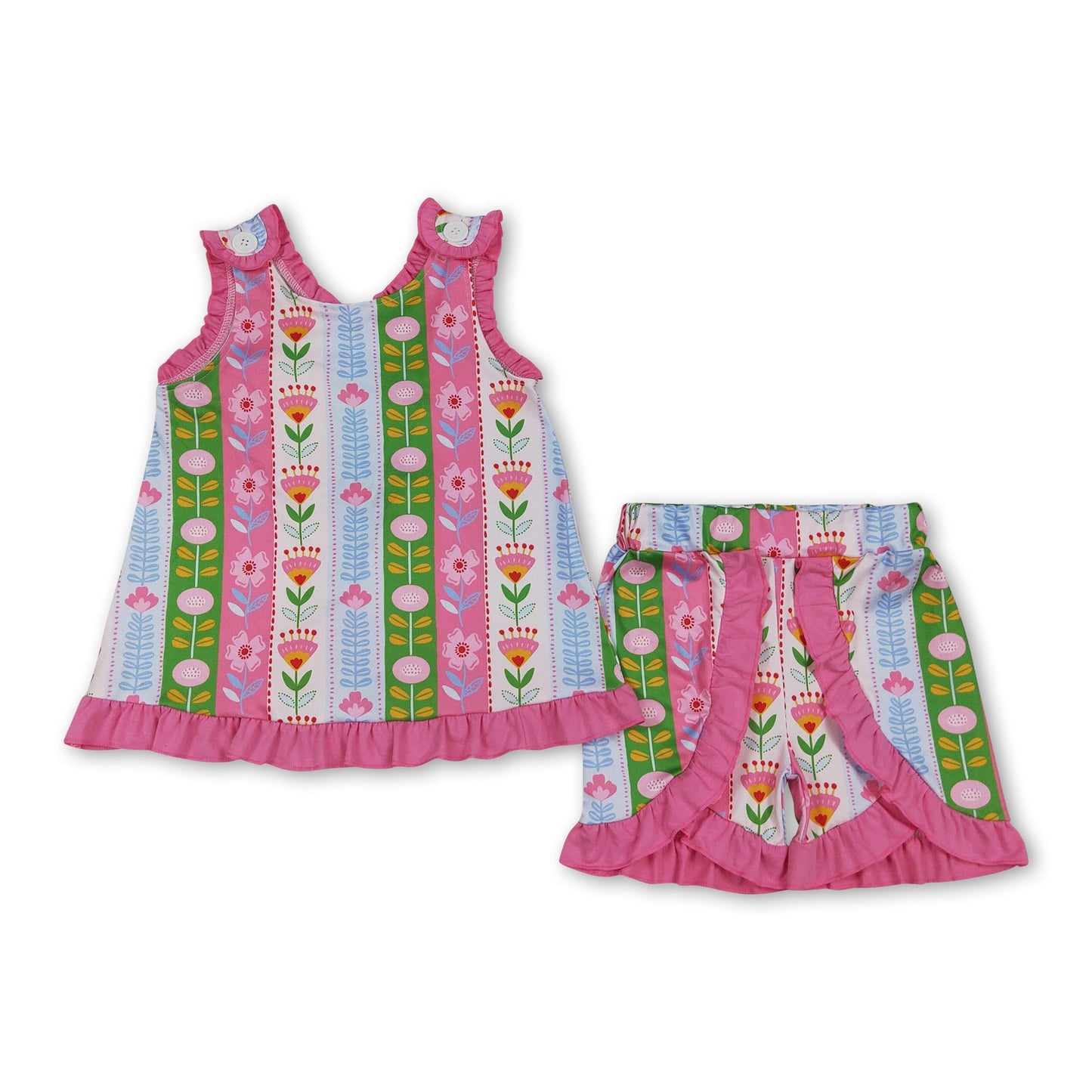 Sleeveless pink ruffle floral top shorts girls summer set
