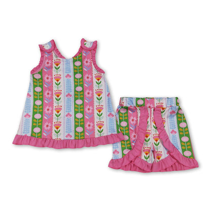 Sleeveless pink ruffle floral top shorts girls summer set