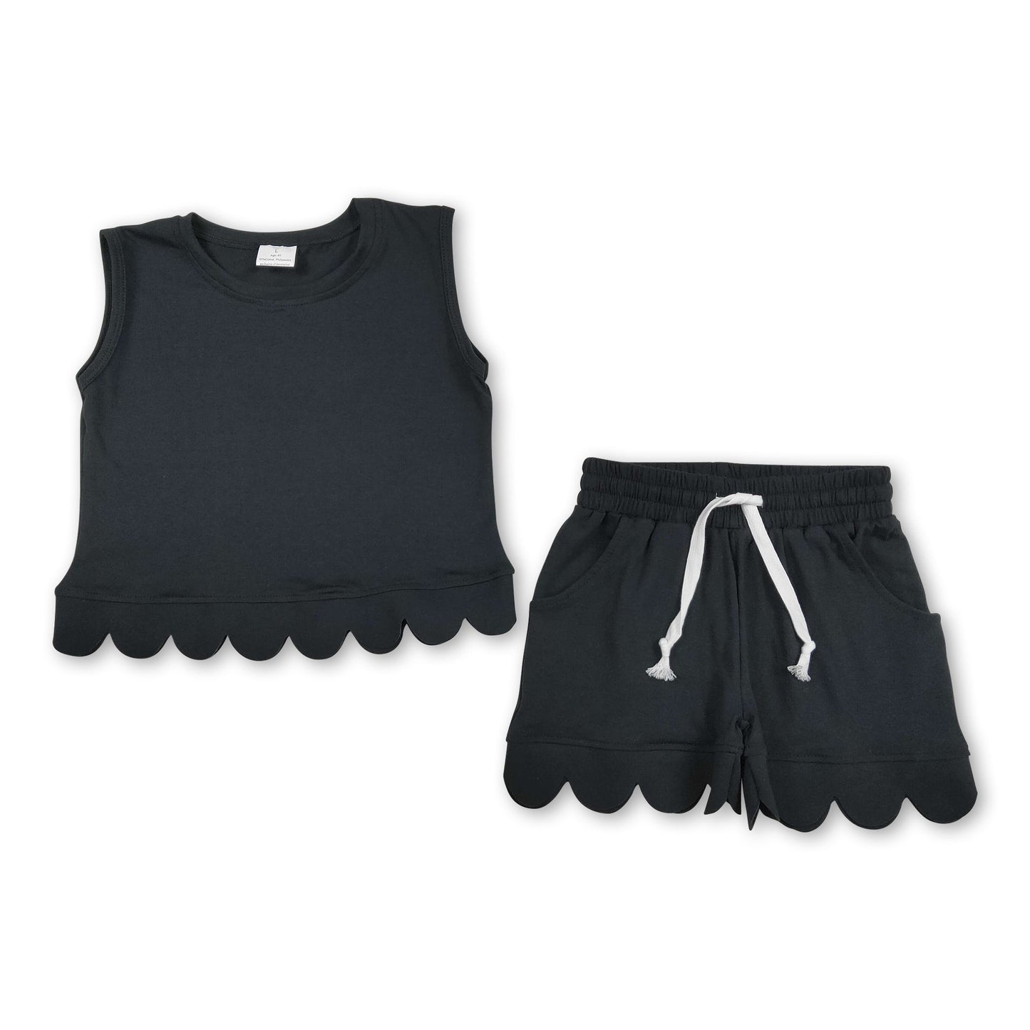 Sleeveless black scallop top shorts kids girls outfits