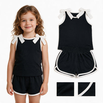 Sleeveless white bow black top shorts girls outfits