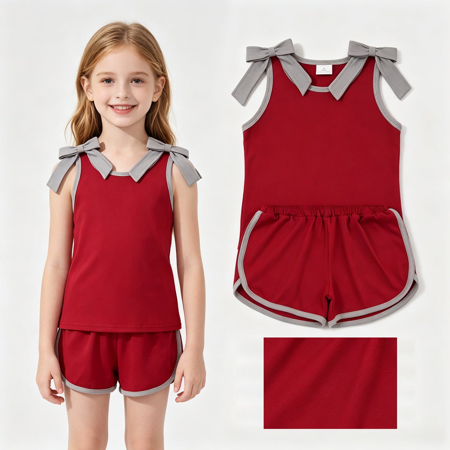 Sleeveless grey bow maroon top shorts team girls outfits