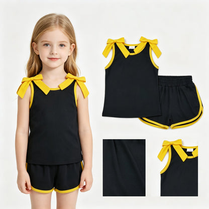 Sleeveless gold bow black top shorts girls team outfits