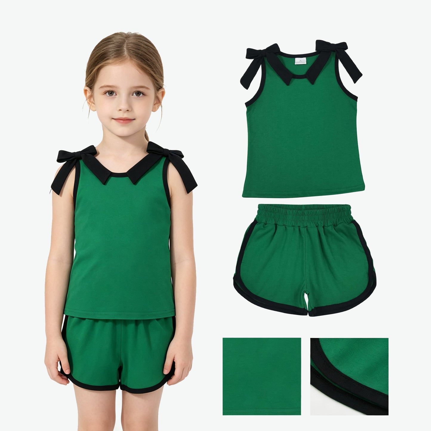 Sleeveless black bow green top shorts girls team outfits