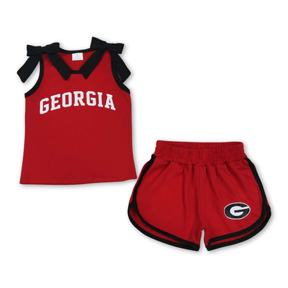 Sleeveless black bow red top shorts G team girls outfits
