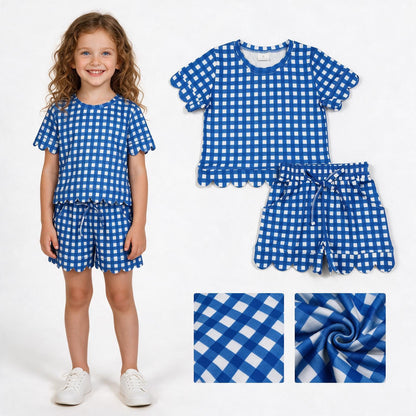 Short sleeves blue plaid scallop top shorts girls team outfits