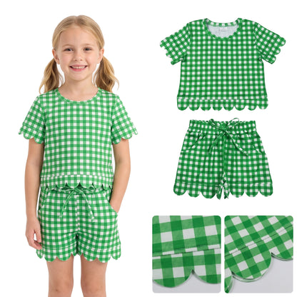 Short sleeves green plaid scallop top shorts girls team outfits