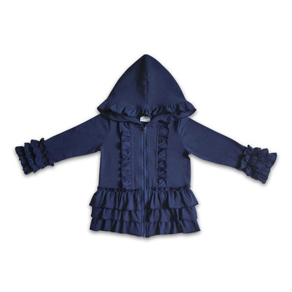 Solid blue zipper jacket girls ruffle hoodie cardigan