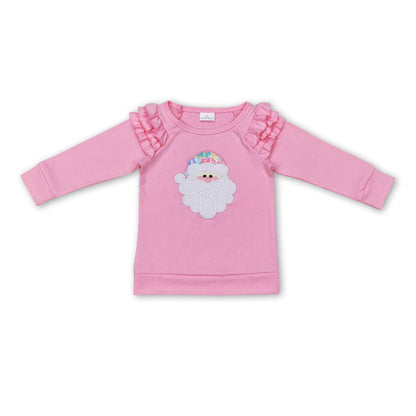 Pink tie dye santa ruffle long sleeves girls Christmas shirt