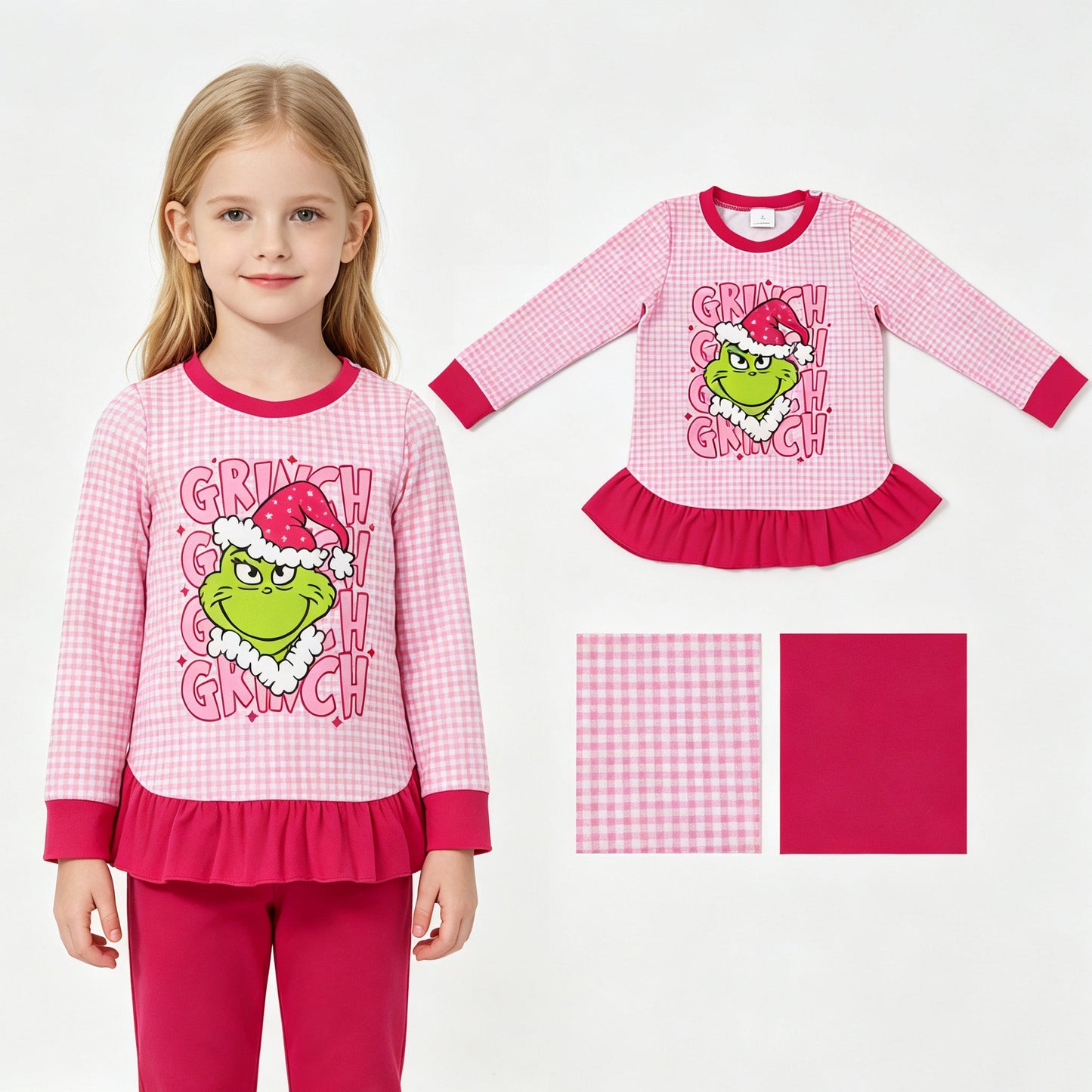 Long sleeves green face ruffle kids girls Christmas shirt