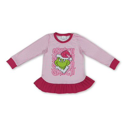 Long sleeves green face ruffle kids girls Christmas shirt