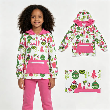 Pink pocket gift green face girls Christmas zipper hoodie