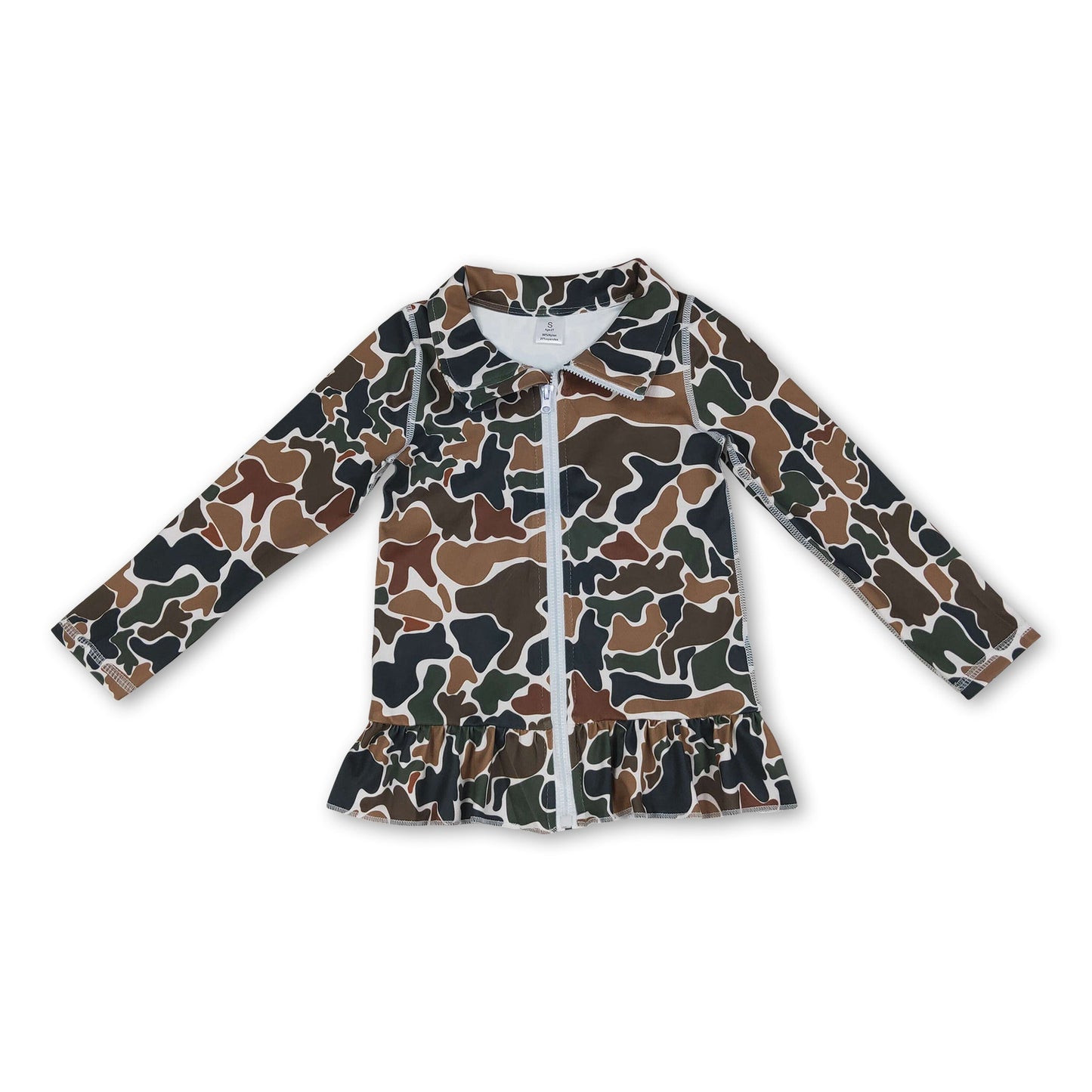 Long sleeves brown camo ruffle zipper girls yoga top