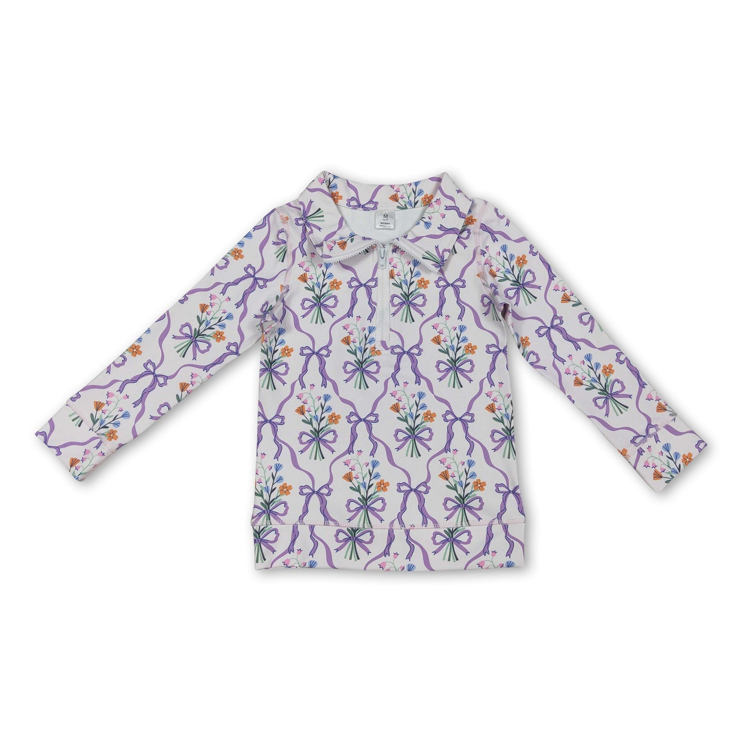 Purple bow floral kids girls zipper active yoga  pullover