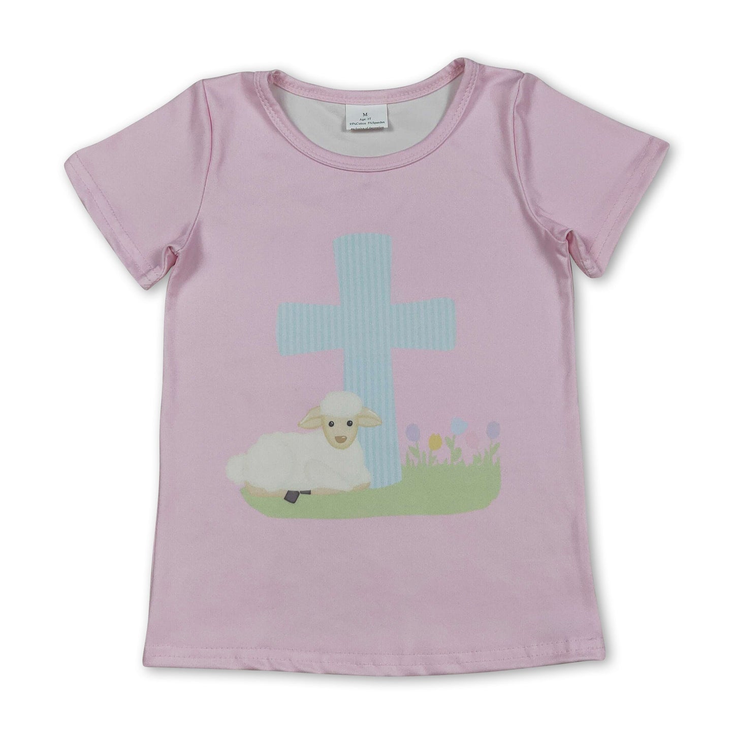 Pink short sleeves cross goat kids girls Easter shirt