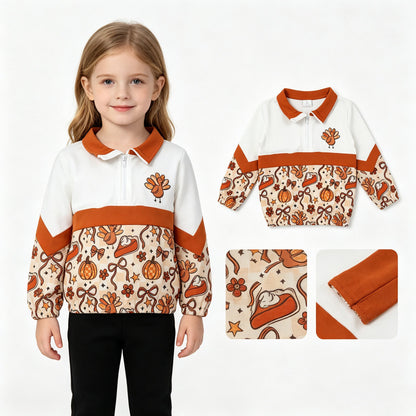 Turkey pumpkin pie bow girls Thanksgiving pullover