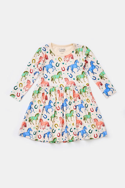 Stretchy Long Sleeve Twirl Dress - Horses