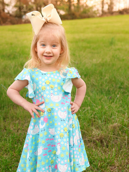 Aqua Spring Chicken Floral Farm Print Girls Dress