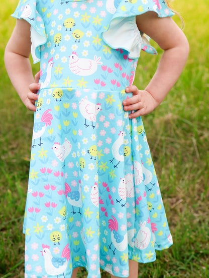 Aqua Spring Chicken Floral Farm Print Girls Dress