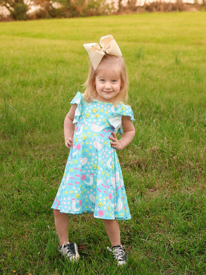 Aqua Spring Chicken Floral Farm Print Girls Dress