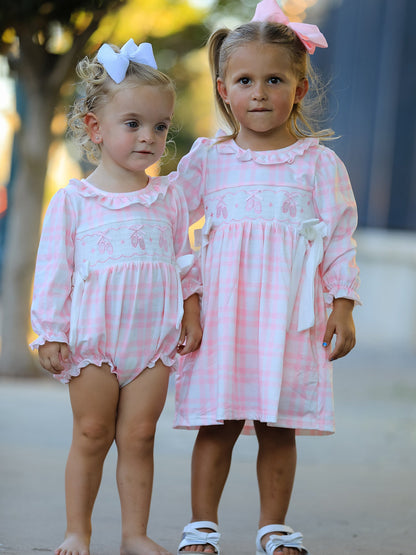 Fall Pink Plaid Ruffle Ballet Shoe Embroidery Long Sleeve Romper