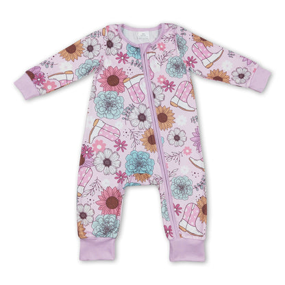 Pink flower boots western baby girls zipper romper