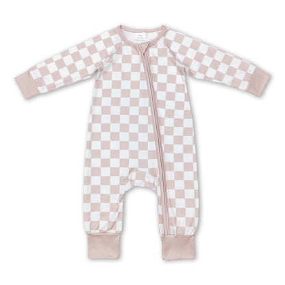 Khaki plaid long sleeves baby kids zipper romper