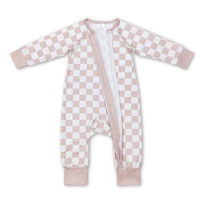 Khaki plaid long sleeves baby kids zipper romper