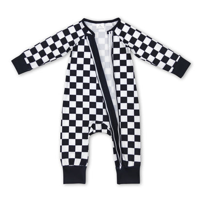 Black plaid long sleeves baby kids zipper romper