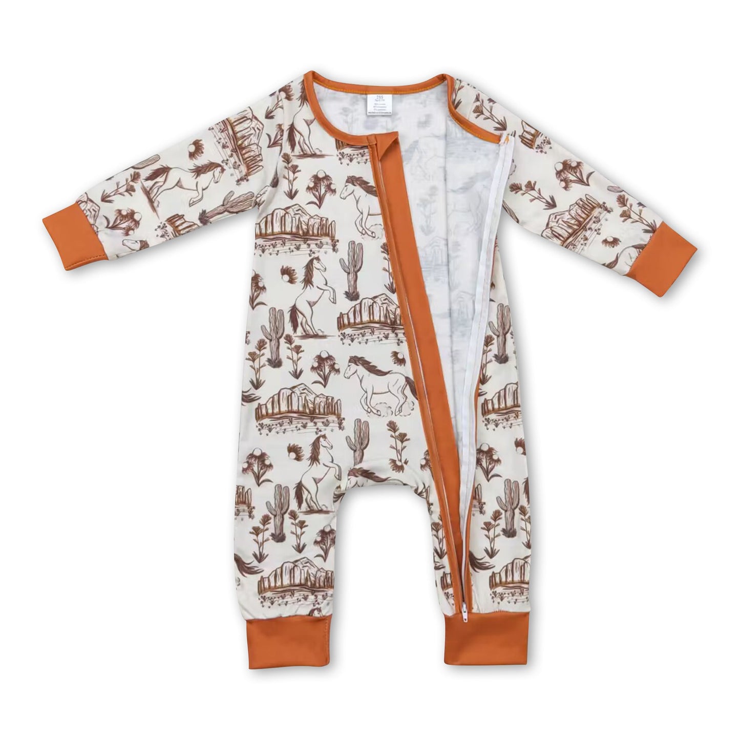 Long sleeves horse cactus baby kids western zipper romper