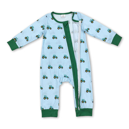 Long sleeves green tractor baby boy zipper farm romper