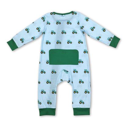 Long sleeves green tractor baby boy zipper farm romper