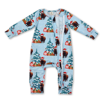Christmas tree highland cow baby kids zipper romper