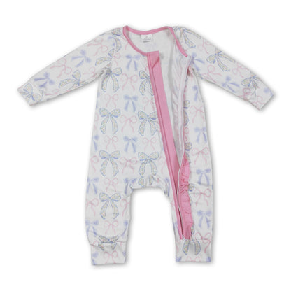 Long sleeves pink ruffle bow baby girls zipper romper