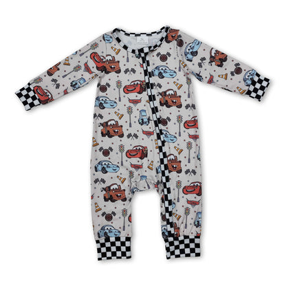 Plaid long sleeves cars baby kids zipper romper