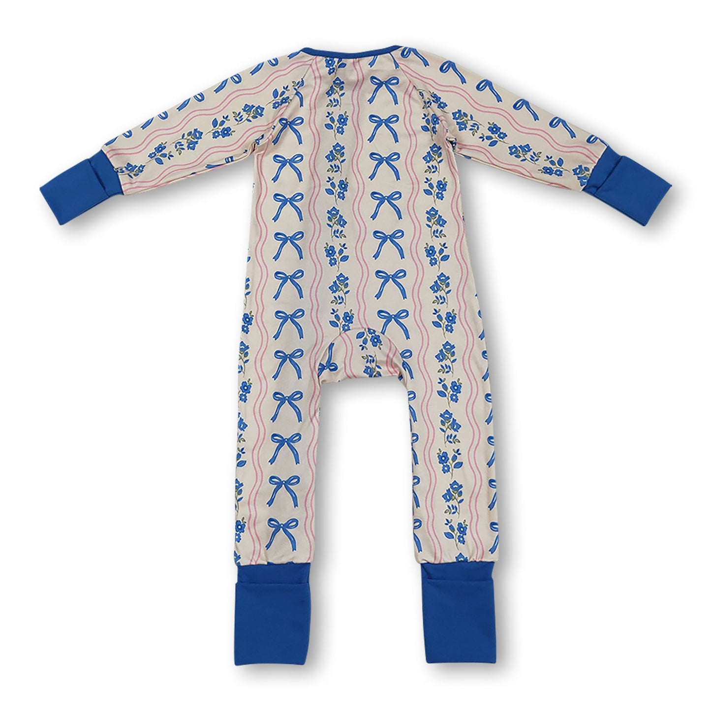 Long sleeves blue bow floral baby girls zipper romper