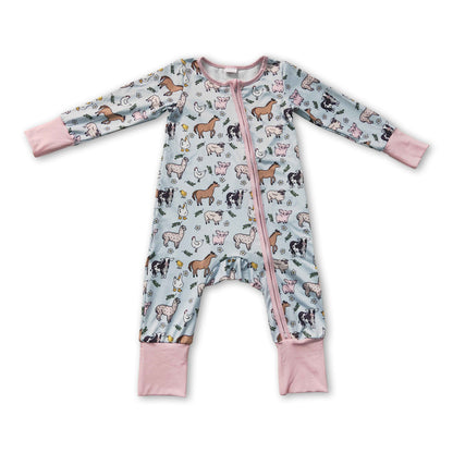 Pink pig chicken cow farm baby girls zipper romper