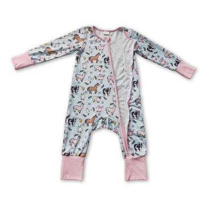 Pink pig chicken cow farm baby girls zipper romper