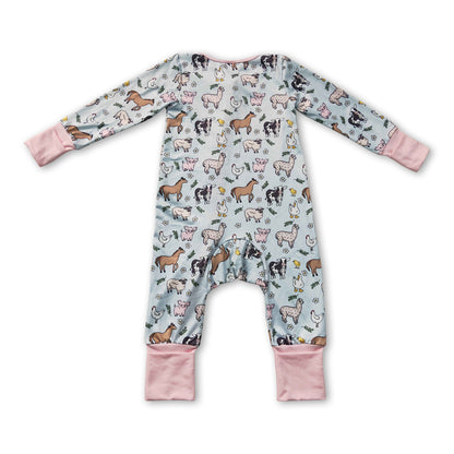 Pink pig chicken cow farm baby girls zipper romper