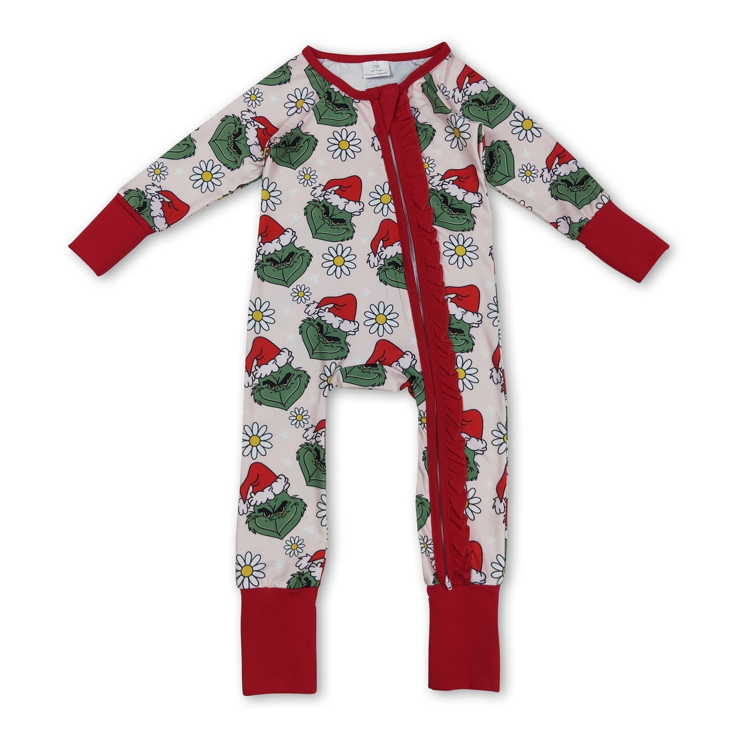 Floral green face Christmas hat baby girls zipper romper