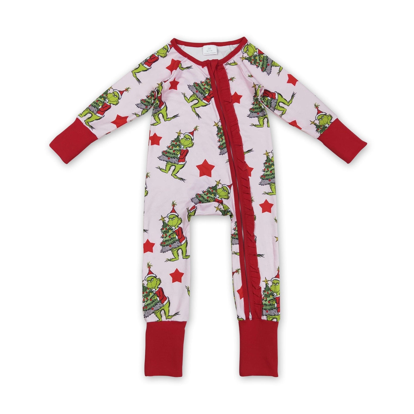 Red stars green face baby girls Christmas zipper romper